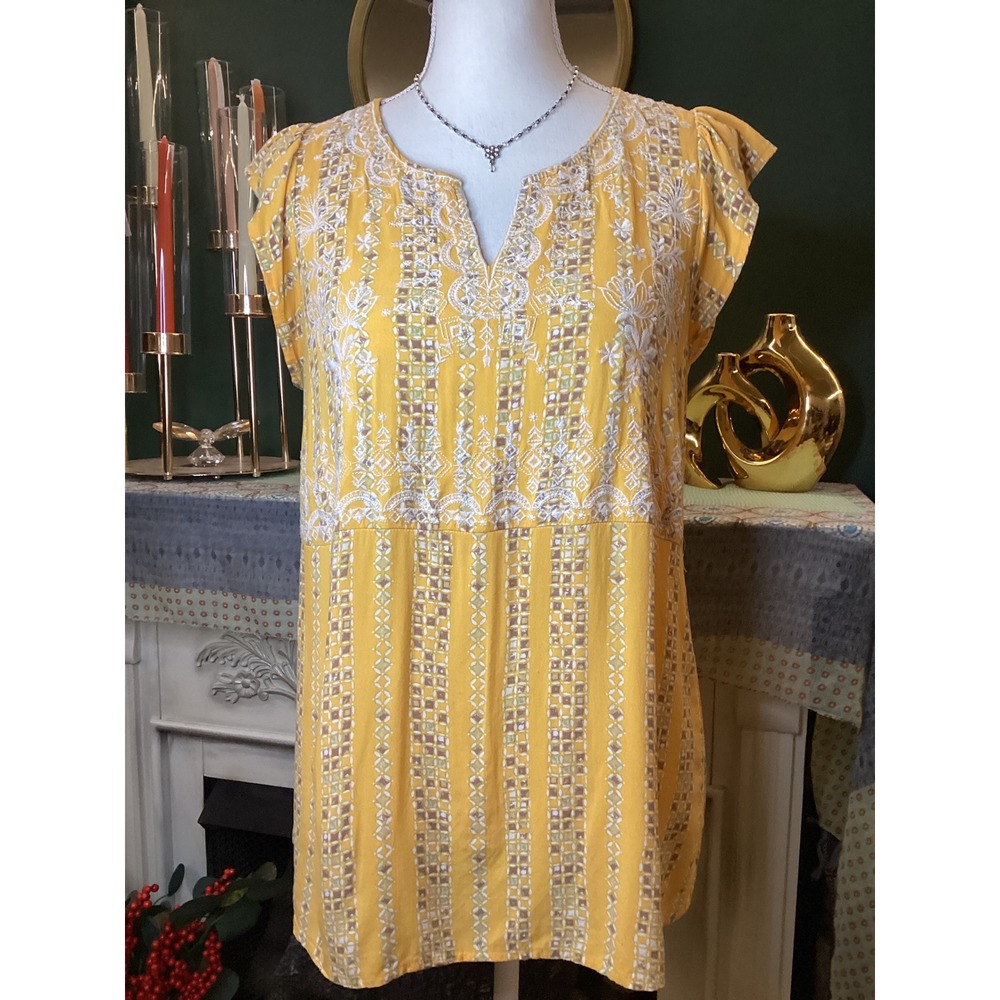 Savanna Jane Mustard Yellow Embroidered Boho Tunic Top Cap Sleeve Size M 18432